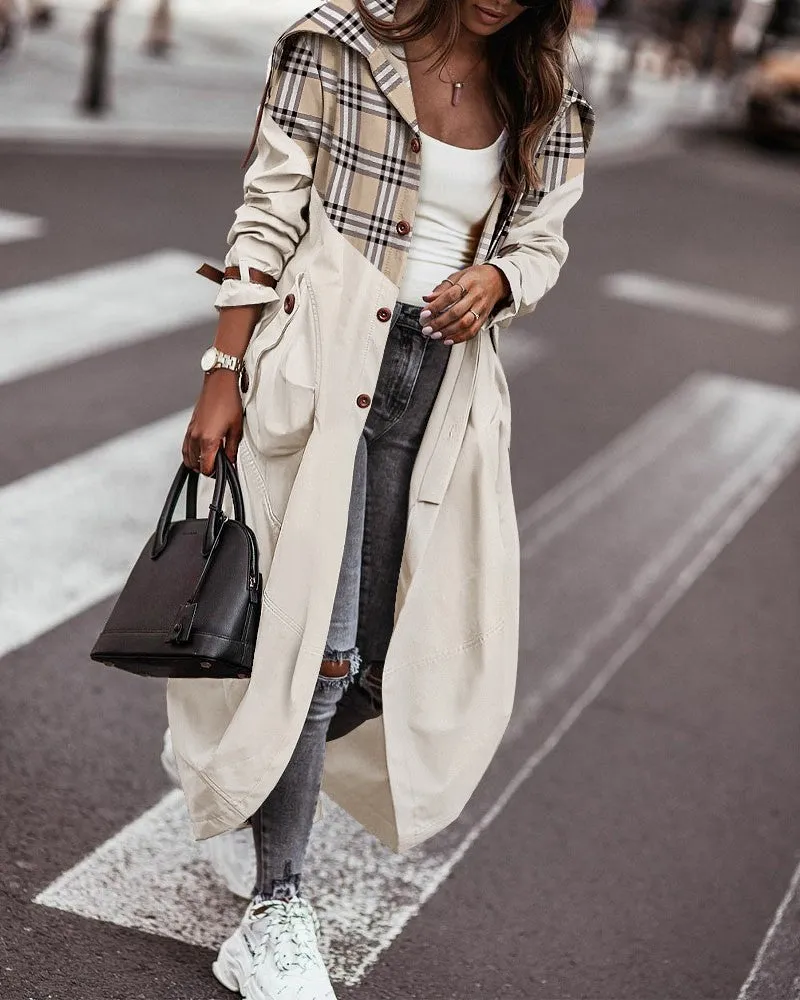 Plaid Print Button Front Longline Cargo Trench Coat