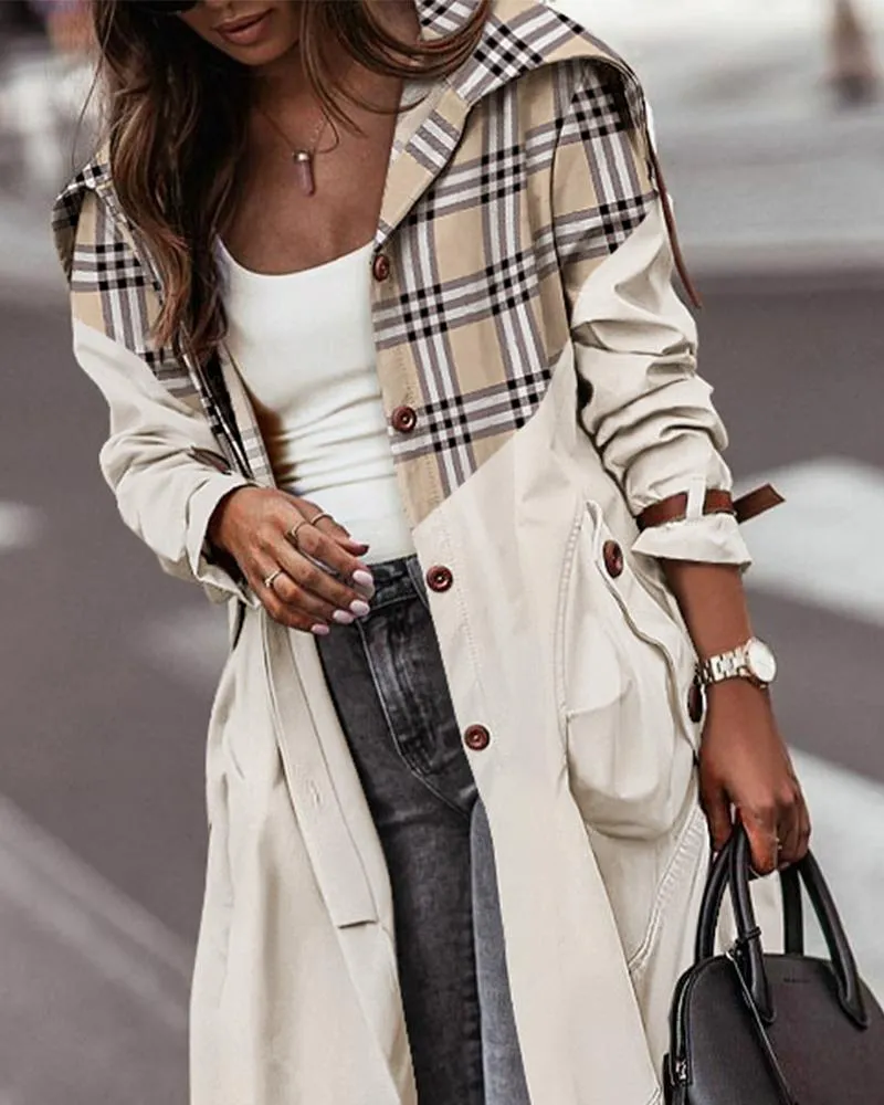 Plaid Print Button Front Longline Cargo Trench Coat