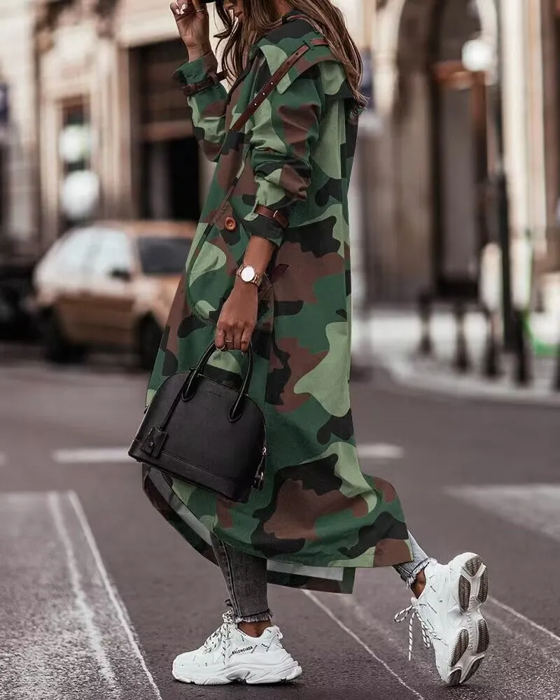Plaid Print Button Front Longline Cargo Trench Coat