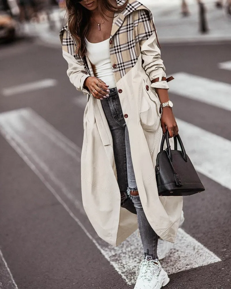 Plaid Print Button Front Longline Cargo Trench Coat