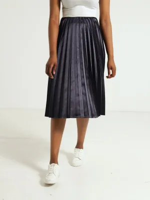 Pleated Satin Skirt - Navy
