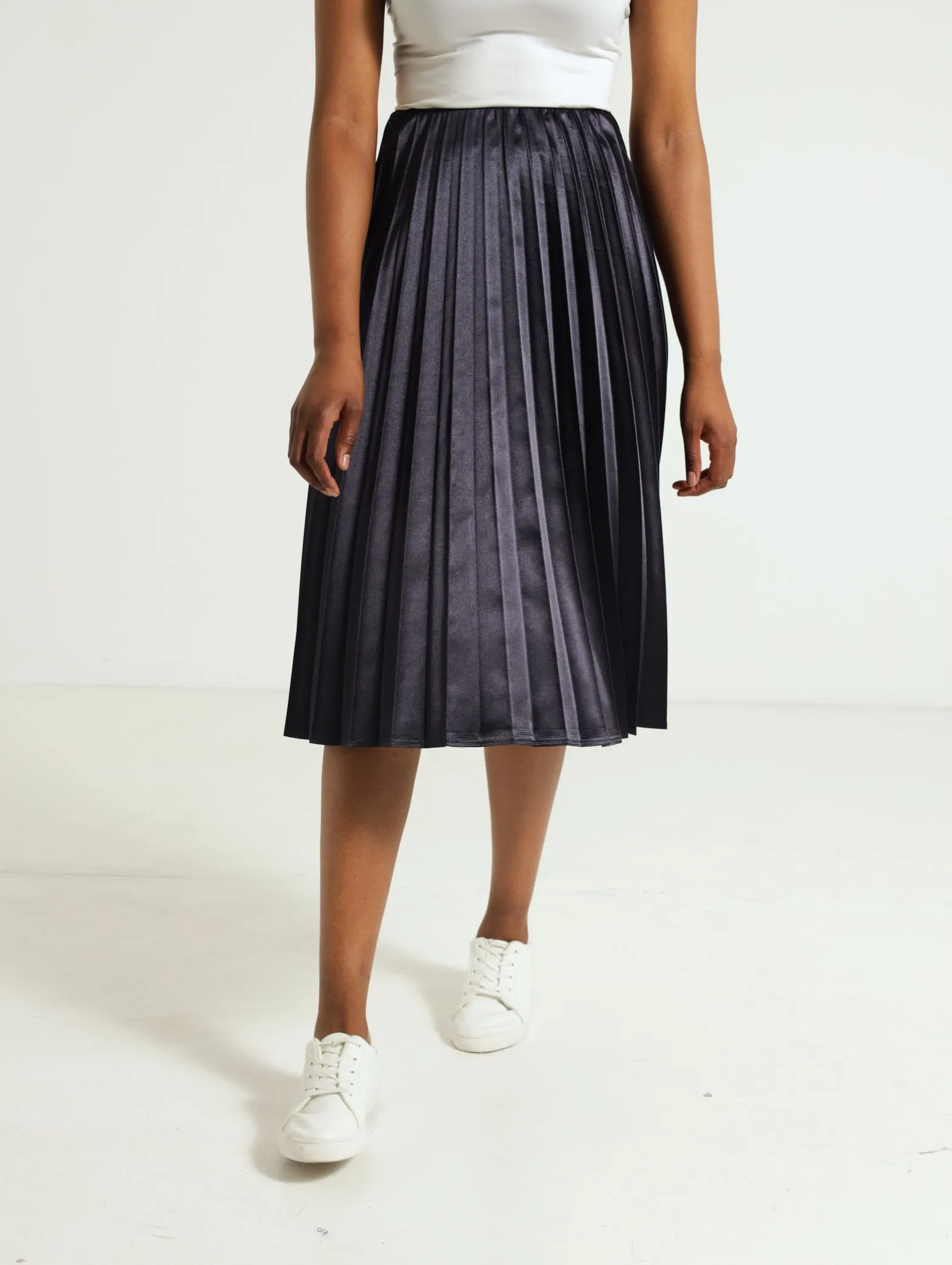 Pleated Satin Skirt - Navy