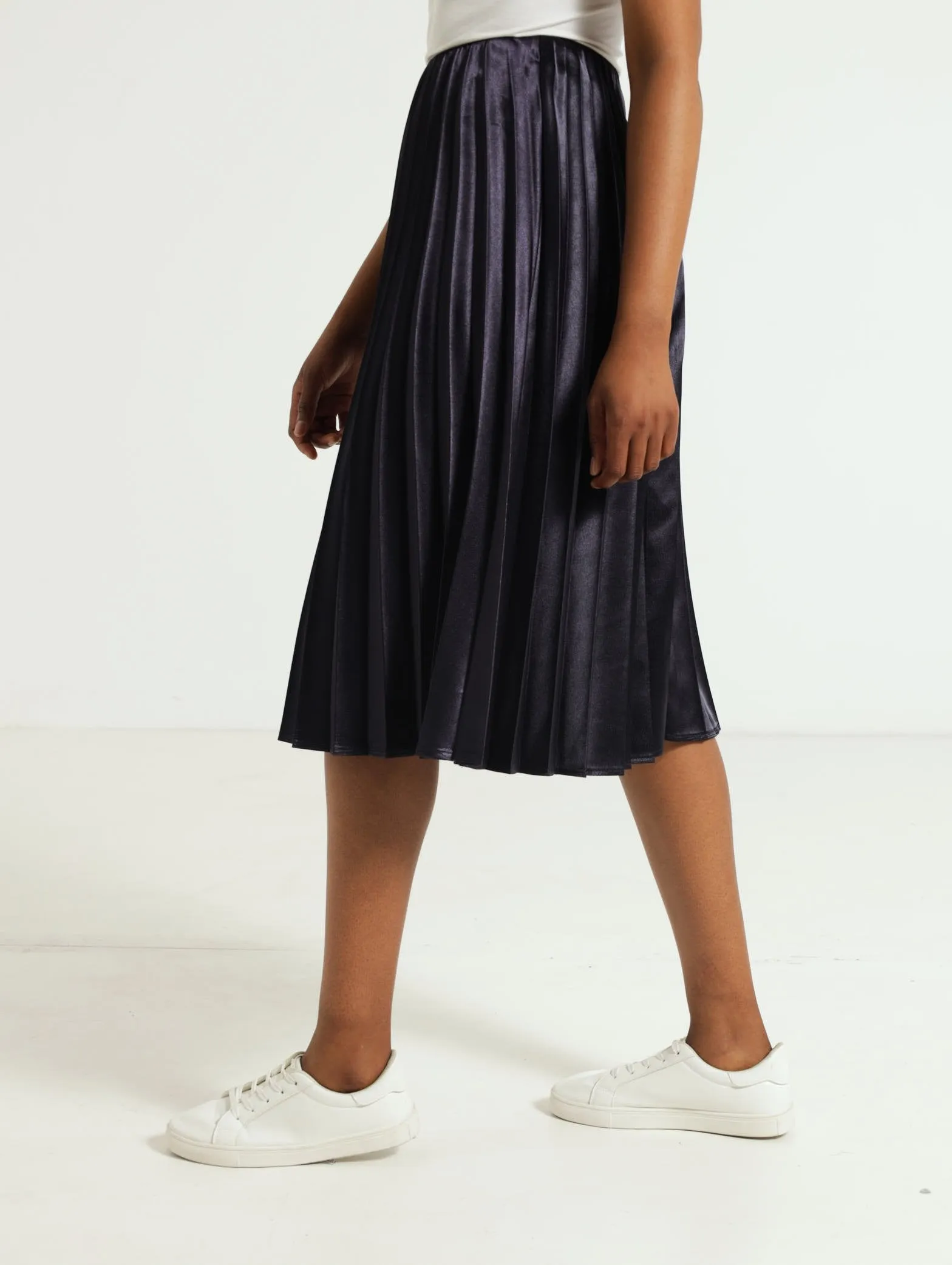Pleated Satin Skirt - Navy
