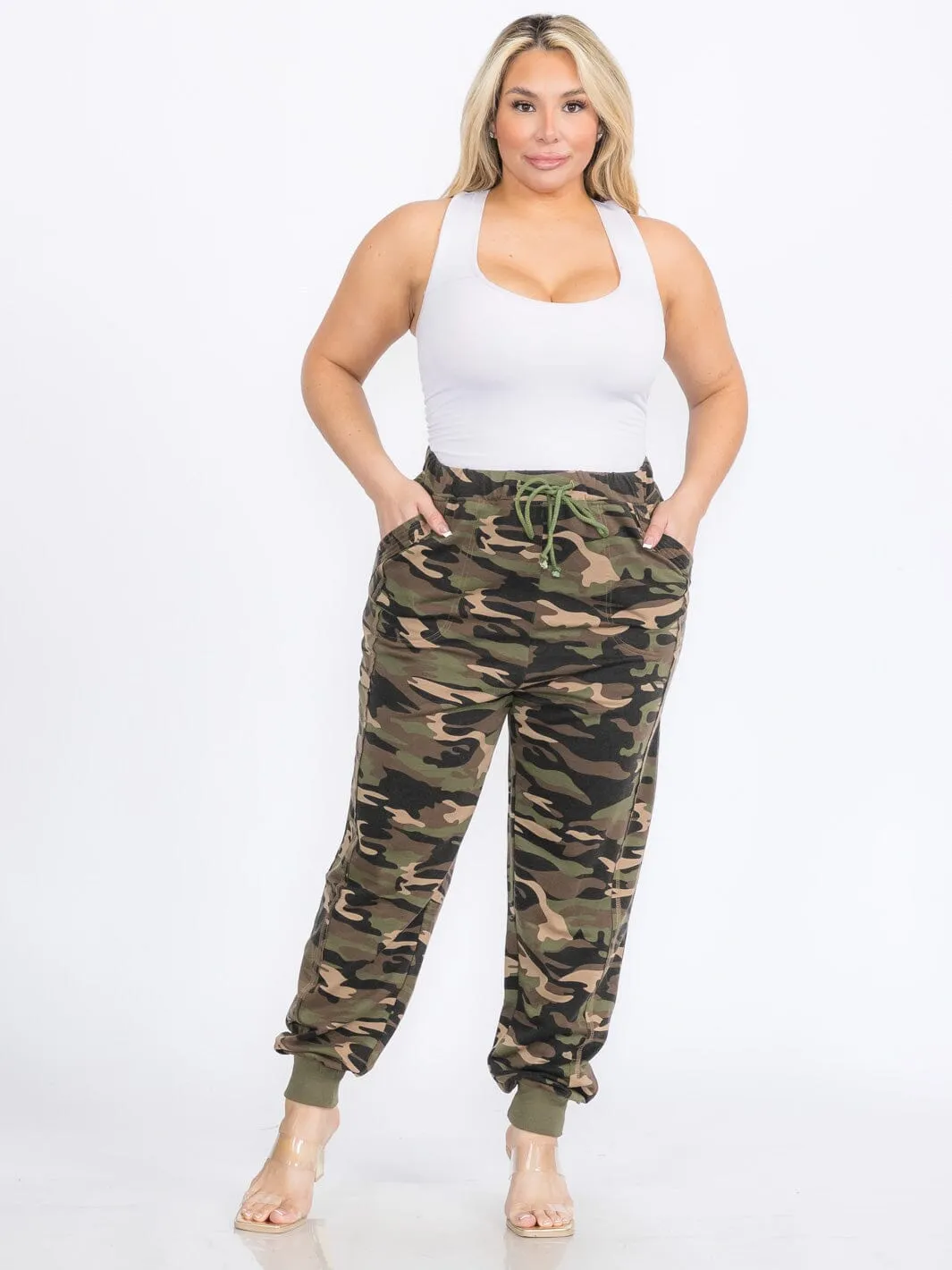 PLUS SIZE ELASTIC WAIST SELF TIE POCKETS CAMO PRINT JOGGER PANTS