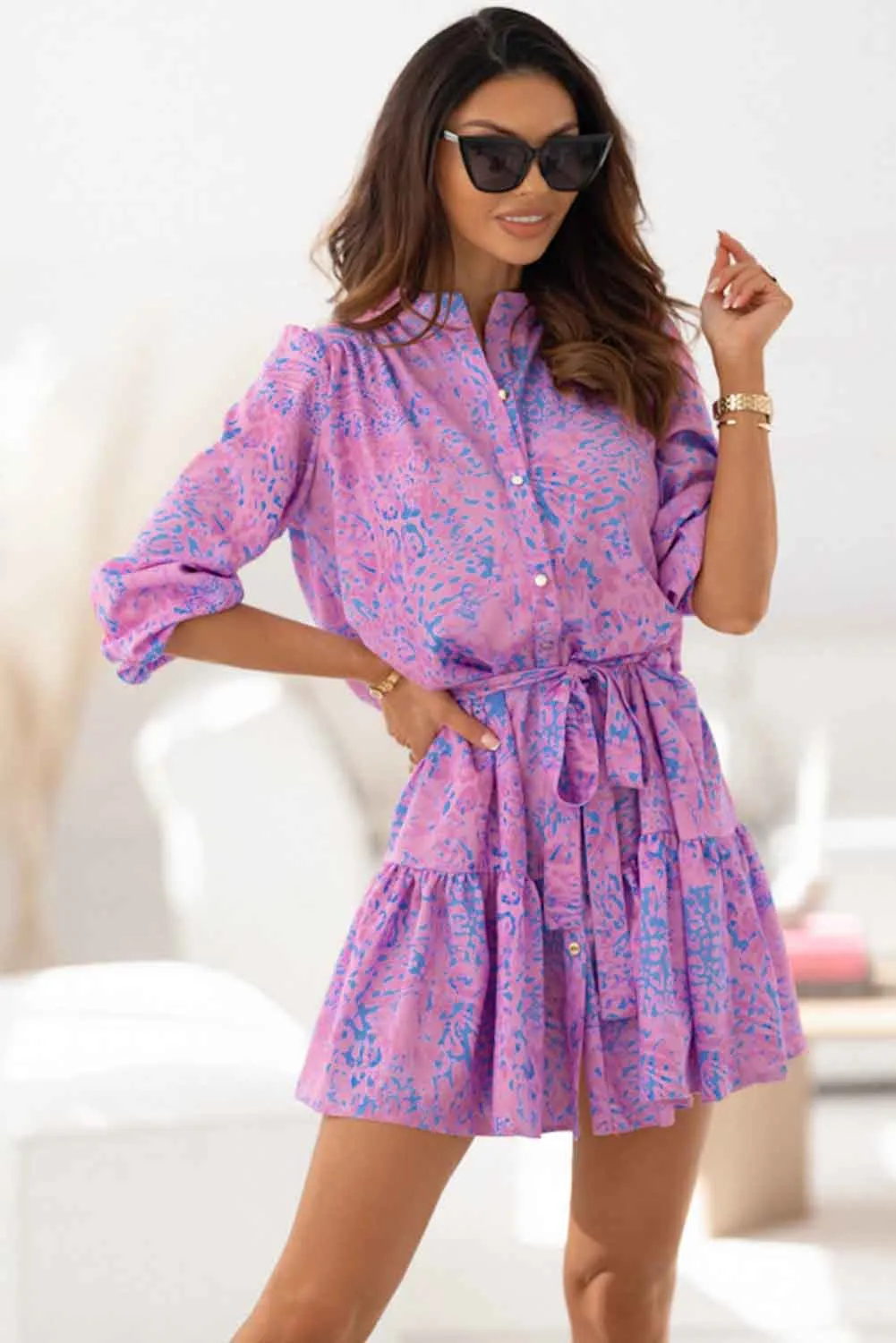 Purple Leopard Print Long Sleeve Shirt Dress