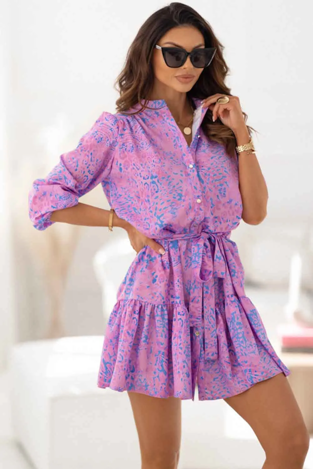 Purple Leopard Print Long Sleeve Shirt Dress