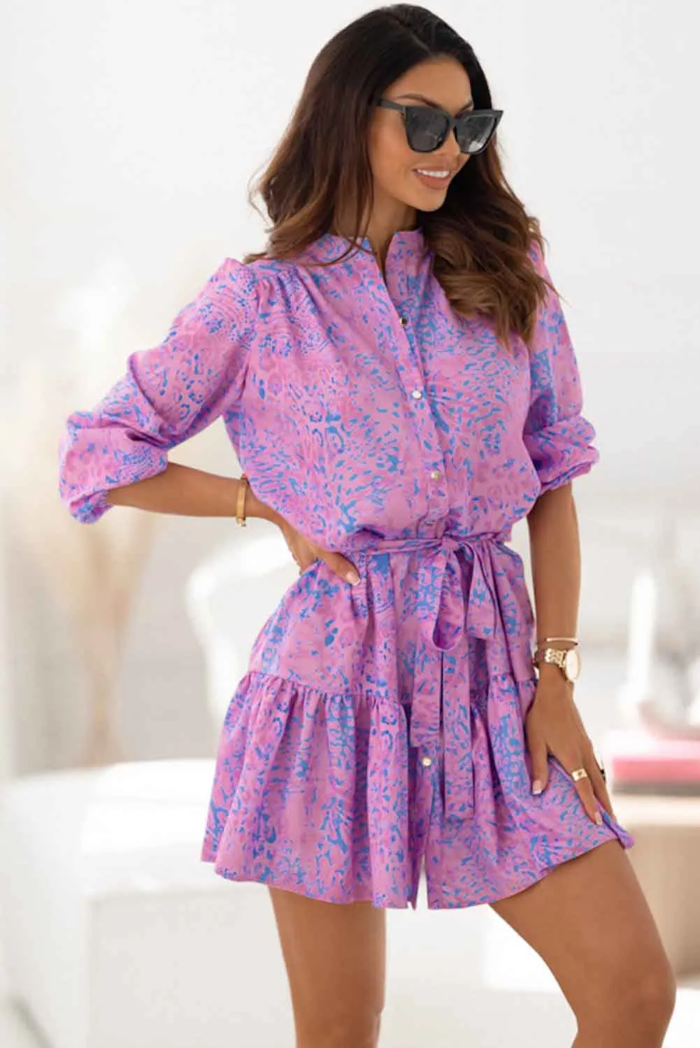 Purple Leopard Print Long Sleeve Shirt Dress