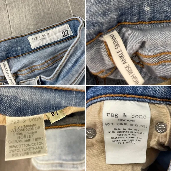 Rag &amp; bone High Rise Waisted Light Wash Distressed Ankle Skinny Jeans Norlet 27