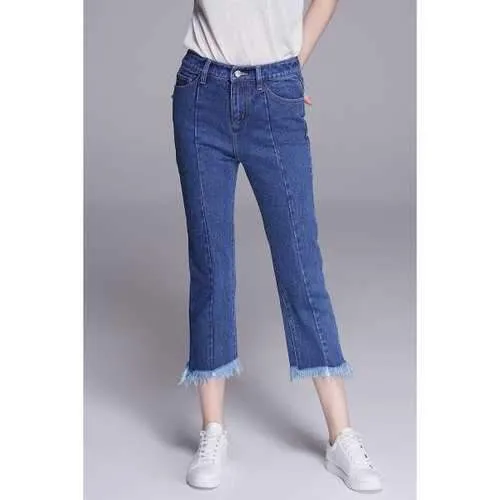Ripped Hem Capri Flare Jeans - Deep Blue 28