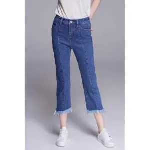 Ripped Hem Capri Flare Jeans - Deep Blue 28