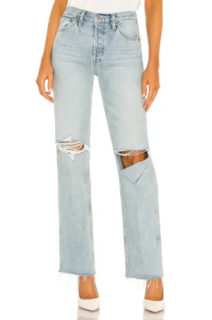 Ripped Knee Light Wash Mid Rise Jeans