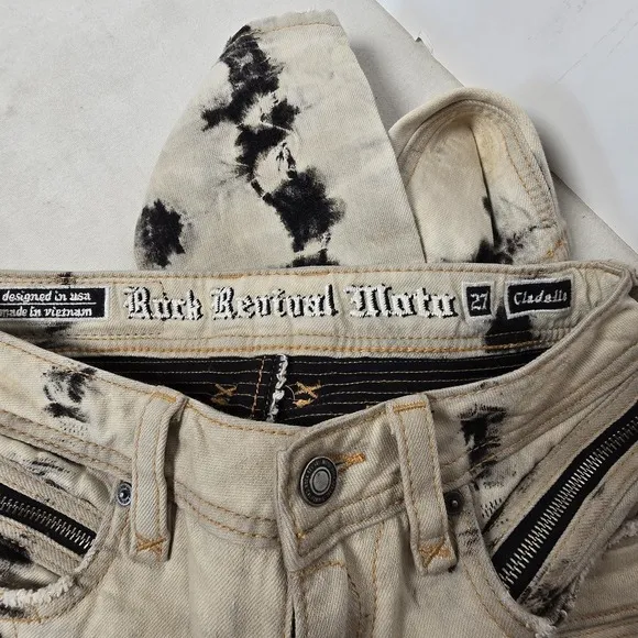 Rock Revival Moto Womens Jeans Cladelle Cream/Black 27 Denim Distressed