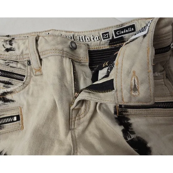 Rock Revival Moto Womens Jeans Cladelle Cream/Black 27 Denim Distressed