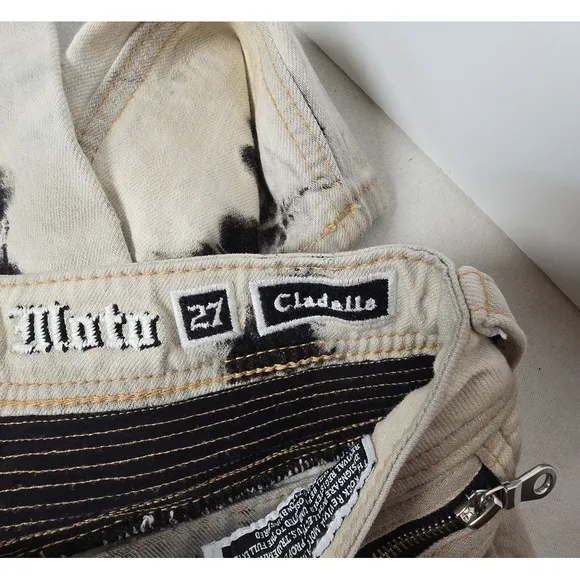 Rock Revival Moto Womens Jeans Cladelle Cream/Black 27 Denim Distressed