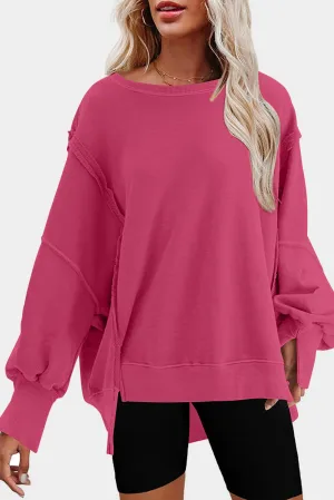 Rose Exposed Seam Drop Shoulder Slit High Low Hem Sweatshirt