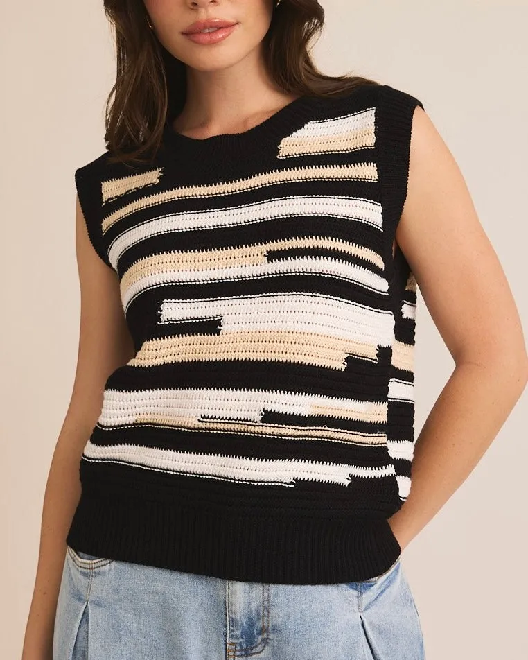 Round Neck Sweater Vest in Black-Multi