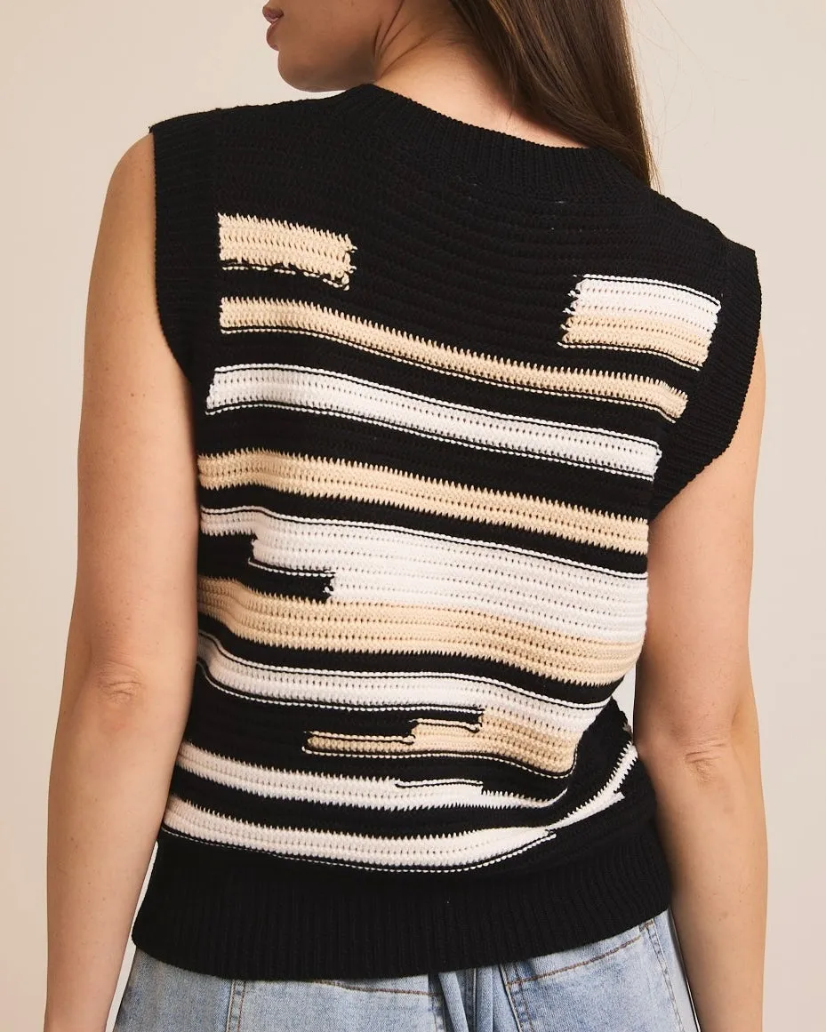 Round Neck Sweater Vest in Black-Multi
