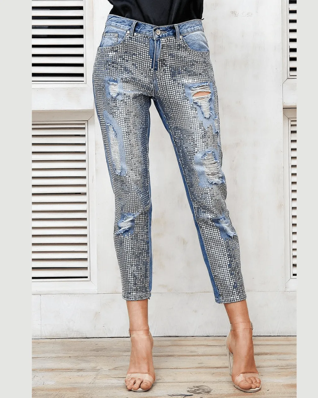 Sequin Hole Blue Jeans