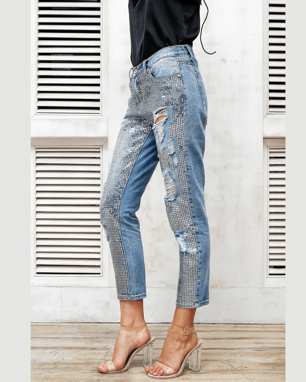 Sequin Hole Blue Jeans
