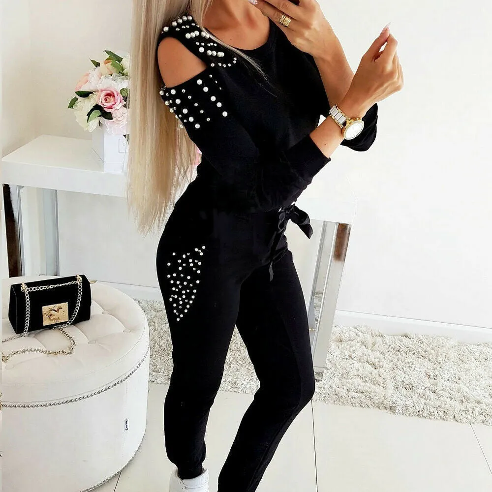 Sexy Beaded Solid Color Round Neck Long Sleeve Off-the-shoulder Sweatshirt Set
