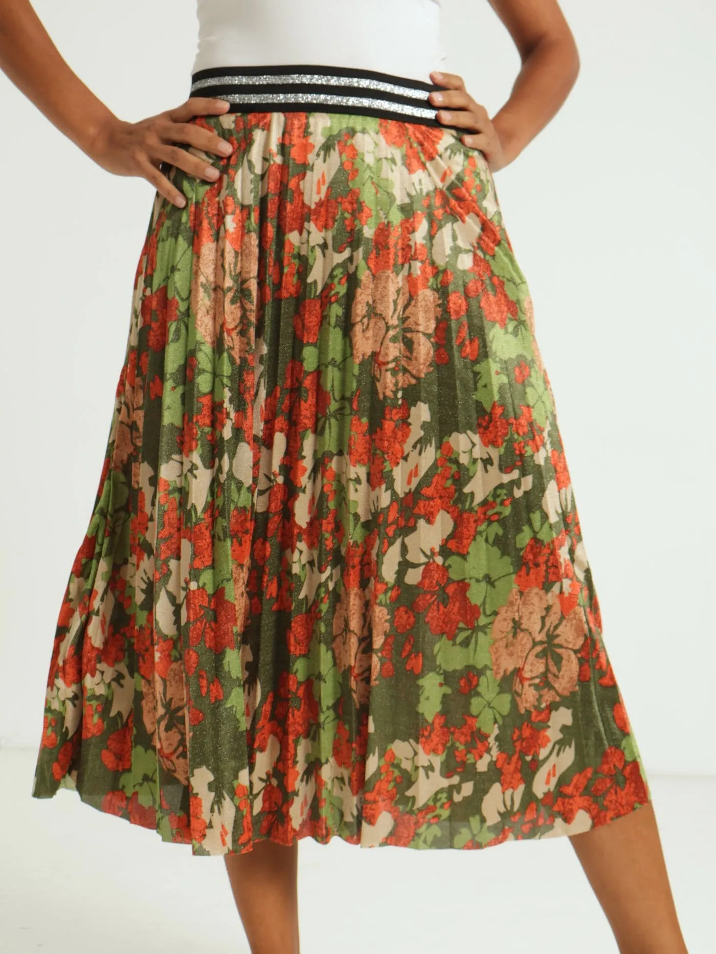 Shimmer Pleated Midi Skirt