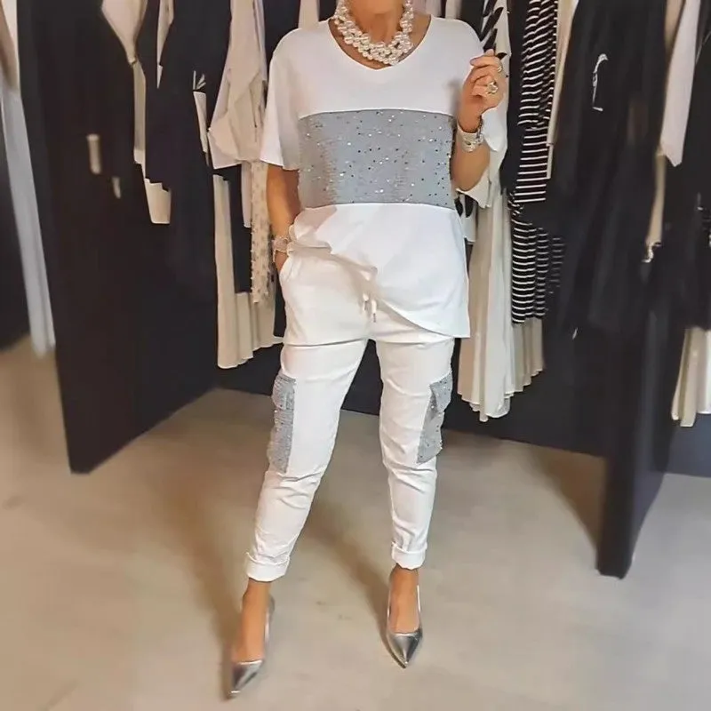 Silvia® | Two-piece set consisting of a short-sleeved patchwork t-shirt and trousers