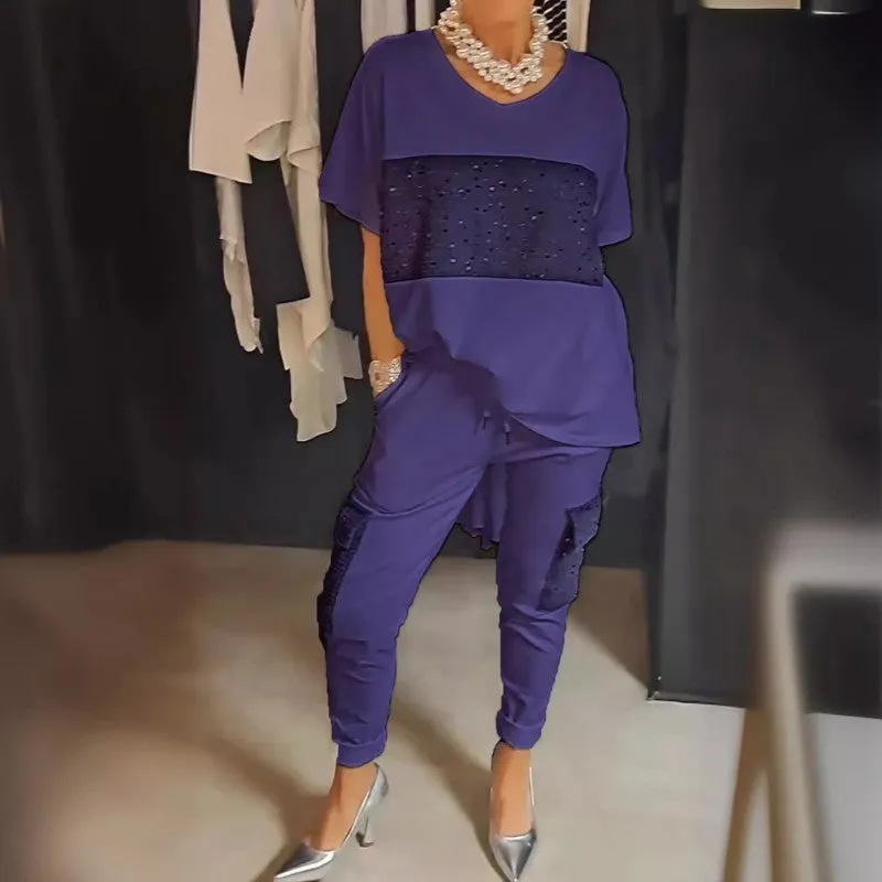Silvia® | Two-piece set consisting of a short-sleeved patchwork t-shirt and trousers