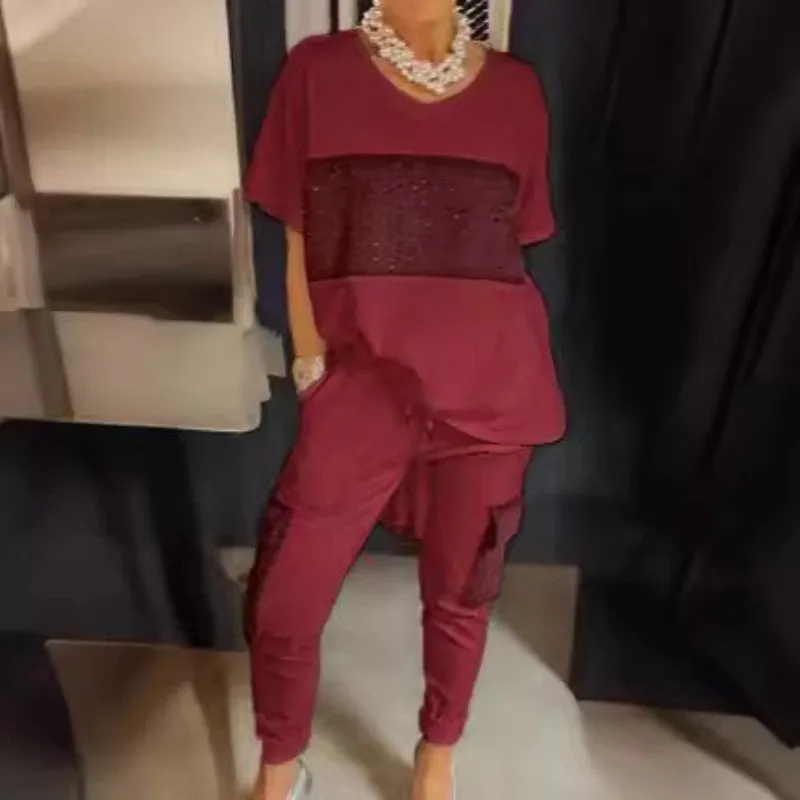 Silvia® | Two-piece set consisting of a short-sleeved patchwork t-shirt and trousers