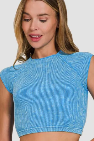 Sky Blue Ribbed Round Neck Cropped Top