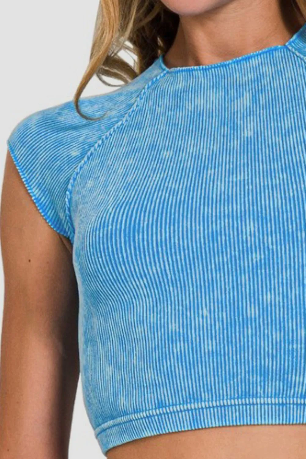 Sky Blue Ribbed Round Neck Cropped Top
