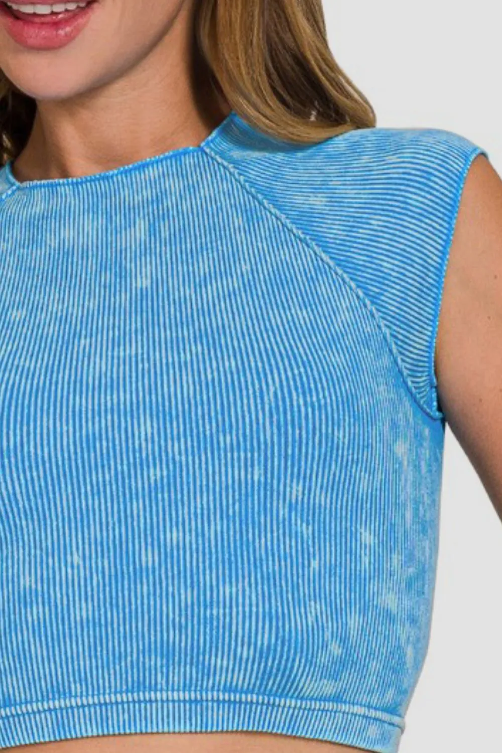 Sky Blue Ribbed Round Neck Cropped Top