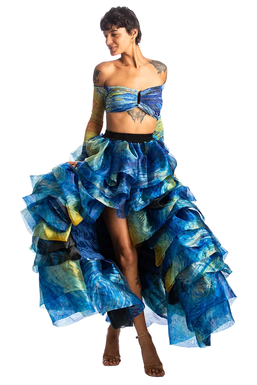 Starry Night Silk Organza High Low Ruffle Skirt