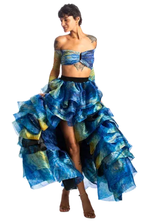 Starry Night Silk Organza High Low Ruffle Skirt