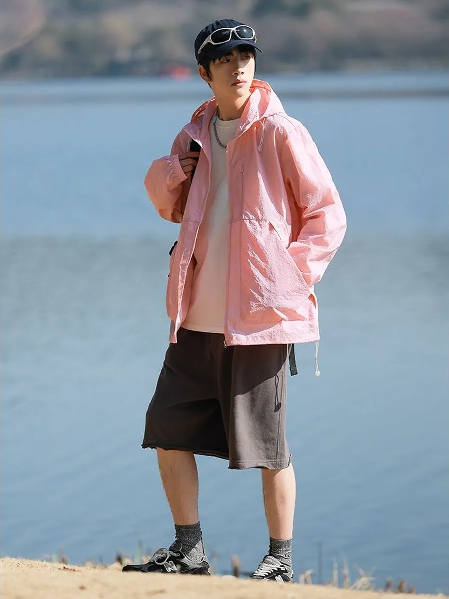 Summer Solid Color Windbreaker with Contrast Trim and Elastic Band Cuff