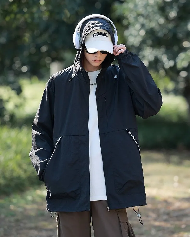 Summer Solid Color Windbreaker with Contrast Trim and Elastic Band Cuff