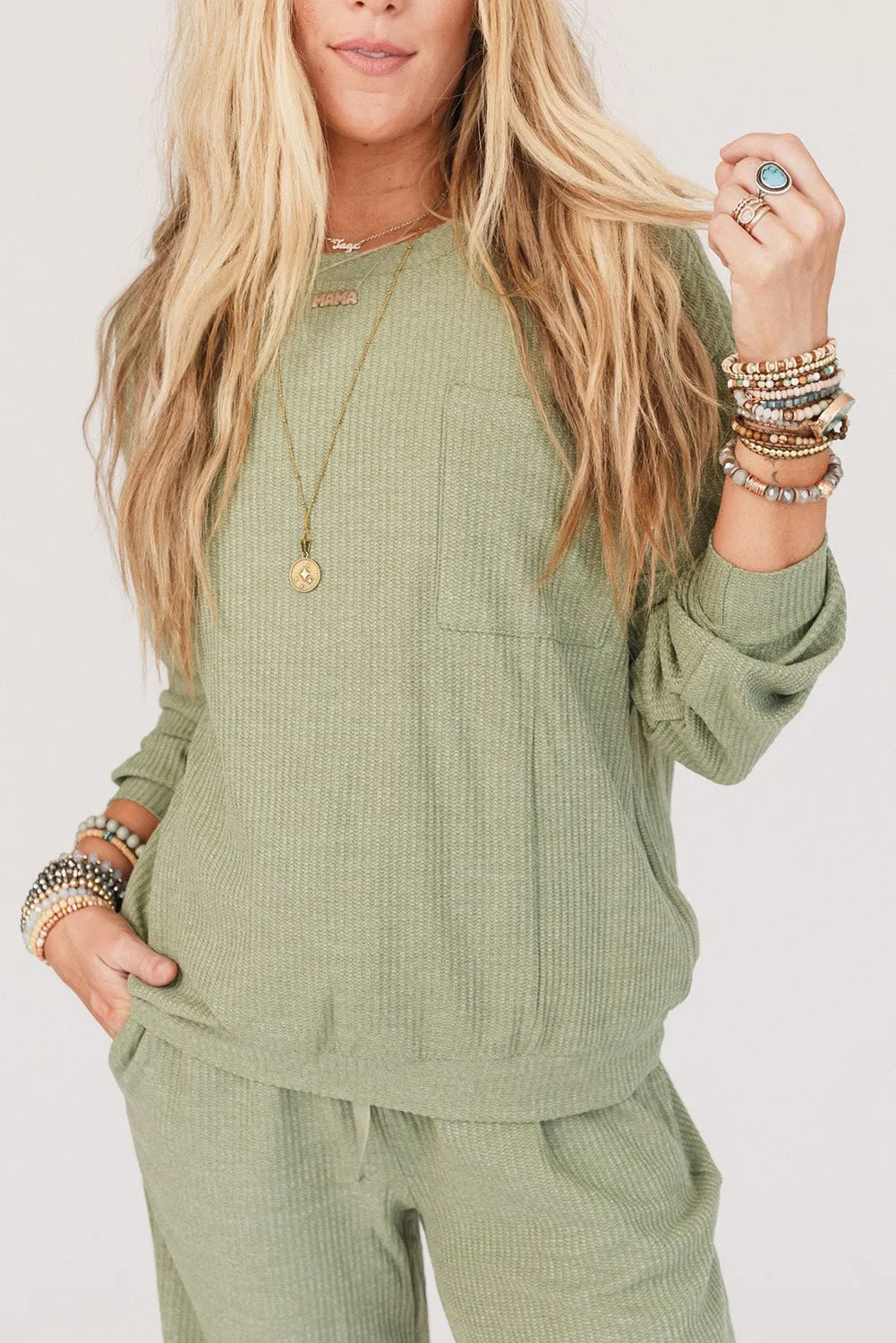 Swamp Waffle Knit Chest Pocket Top Jogger Pants Outfit