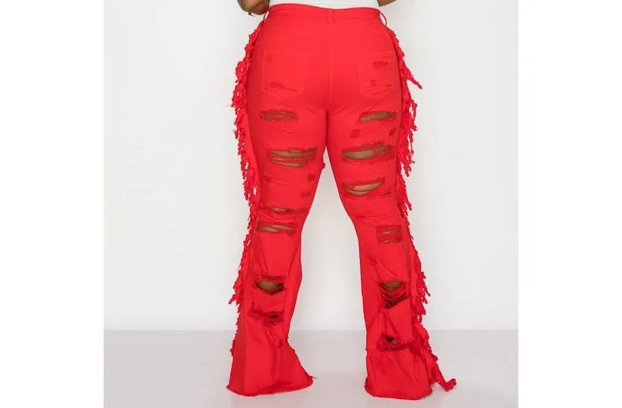 Tassel Distressed Flare Jeans