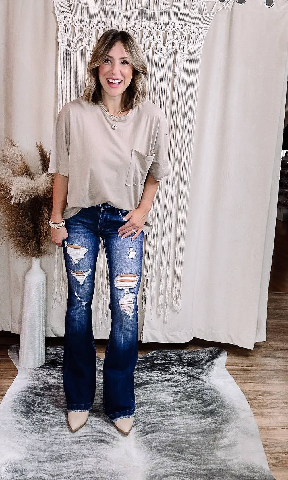Taylor Mid Rise Dark Wash Distressed Flare