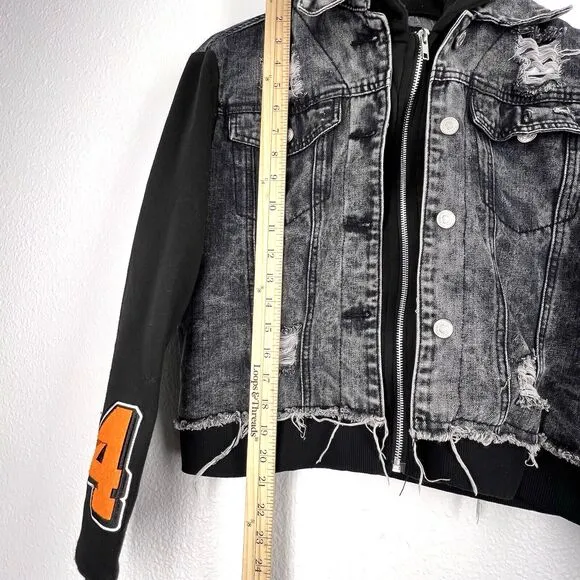 Thrill Jeans Black Wash Denim Hoodie Jacket Sz M Distressed Destroyed Shacket