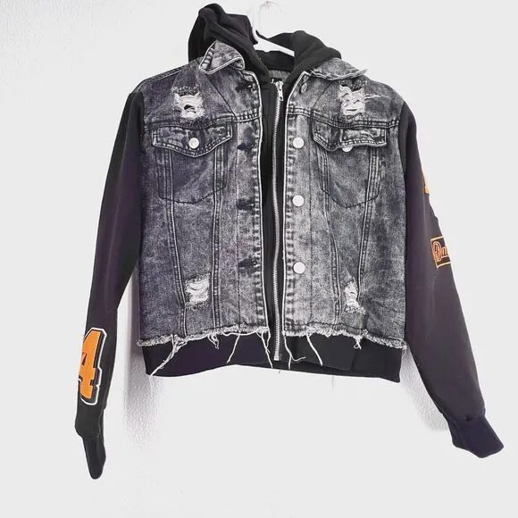 Thrill Jeans Black Wash Denim Hoodie Jacket Sz M Distressed Destroyed Shacket
