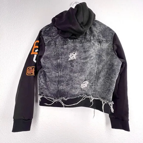 Thrill Jeans Black Wash Denim Hoodie Jacket Sz M Distressed Destroyed Shacket