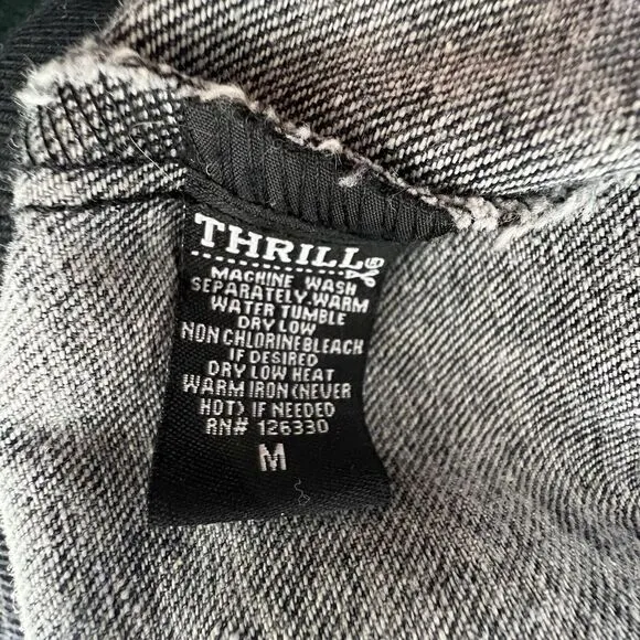 Thrill Jeans Black Wash Denim Hoodie Jacket Sz M Distressed Destroyed Shacket