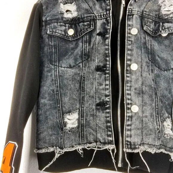 Thrill Jeans Black Wash Denim Hoodie Jacket Sz M Distressed Destroyed Shacket