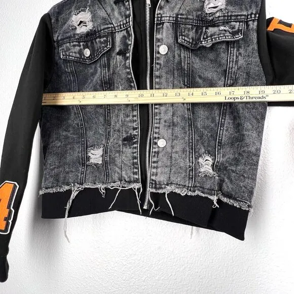 Thrill Jeans Black Wash Denim Hoodie Jacket Sz M Distressed Destroyed Shacket