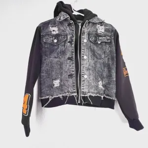 Thrill Jeans Black Wash Denim Hoodie Jacket Sz M Distressed Destroyed Shacket