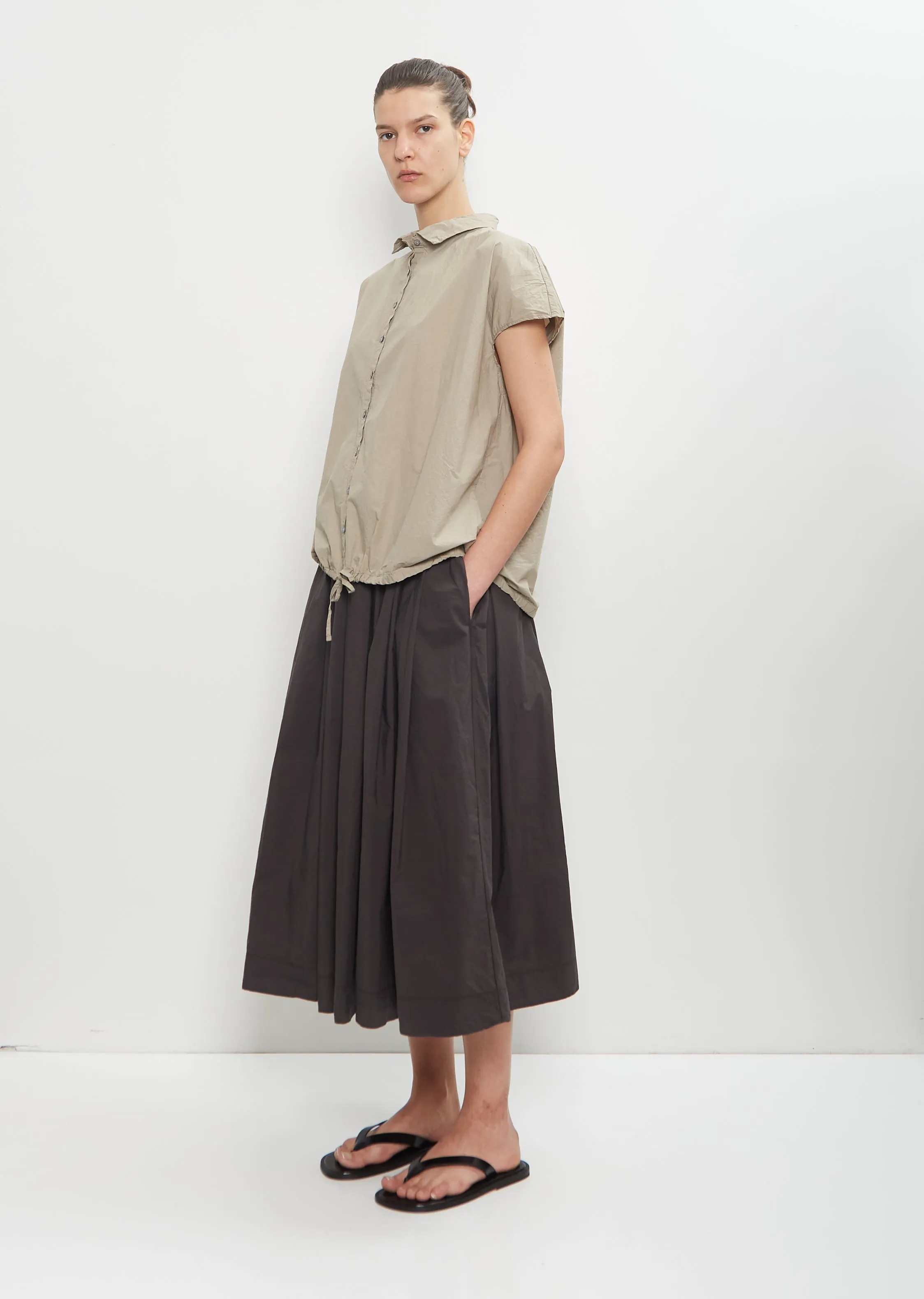 Tissue Cotton Pleated Long Skirt — Brown