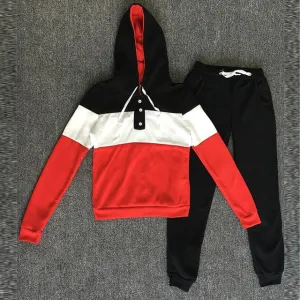 Tracksuit 2 pcs Women Set Hoodies Crop Top Sweatshirt Side Stripe Pants Hooded