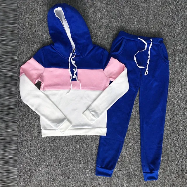 Tracksuit 2 pcs Women Set Hoodies Crop Top Sweatshirt Side Stripe Pants Hooded