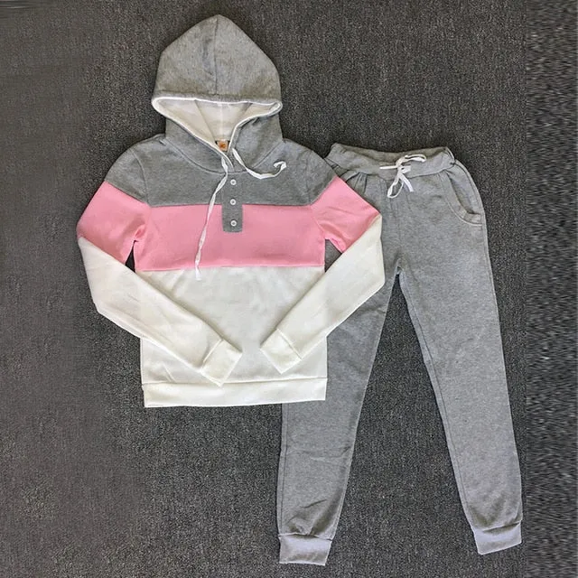 Tracksuit 2 pcs Women Set Hoodies Crop Top Sweatshirt Side Stripe Pants Hooded