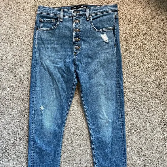 Veronica Beard Distressed 11&quot; High Rise Button-fly Frayed Hem Jeans Women's 29
